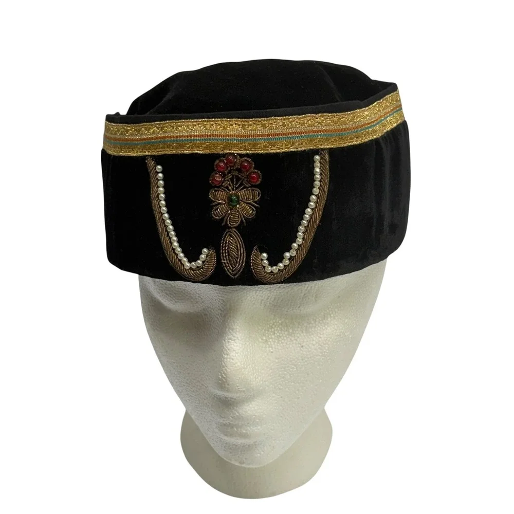 Vintage Black Velvet Pillbox Hat Gold Bullion Embroidery Pearls Made in India